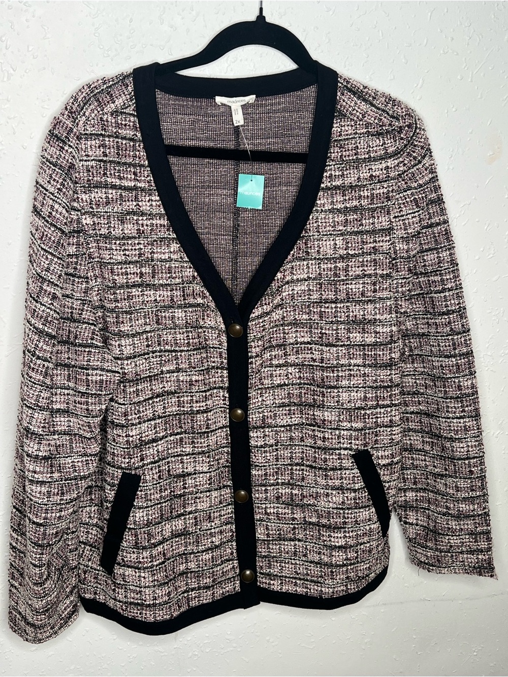Maurices Pink and Black Tweed V-Neck Cardigan
